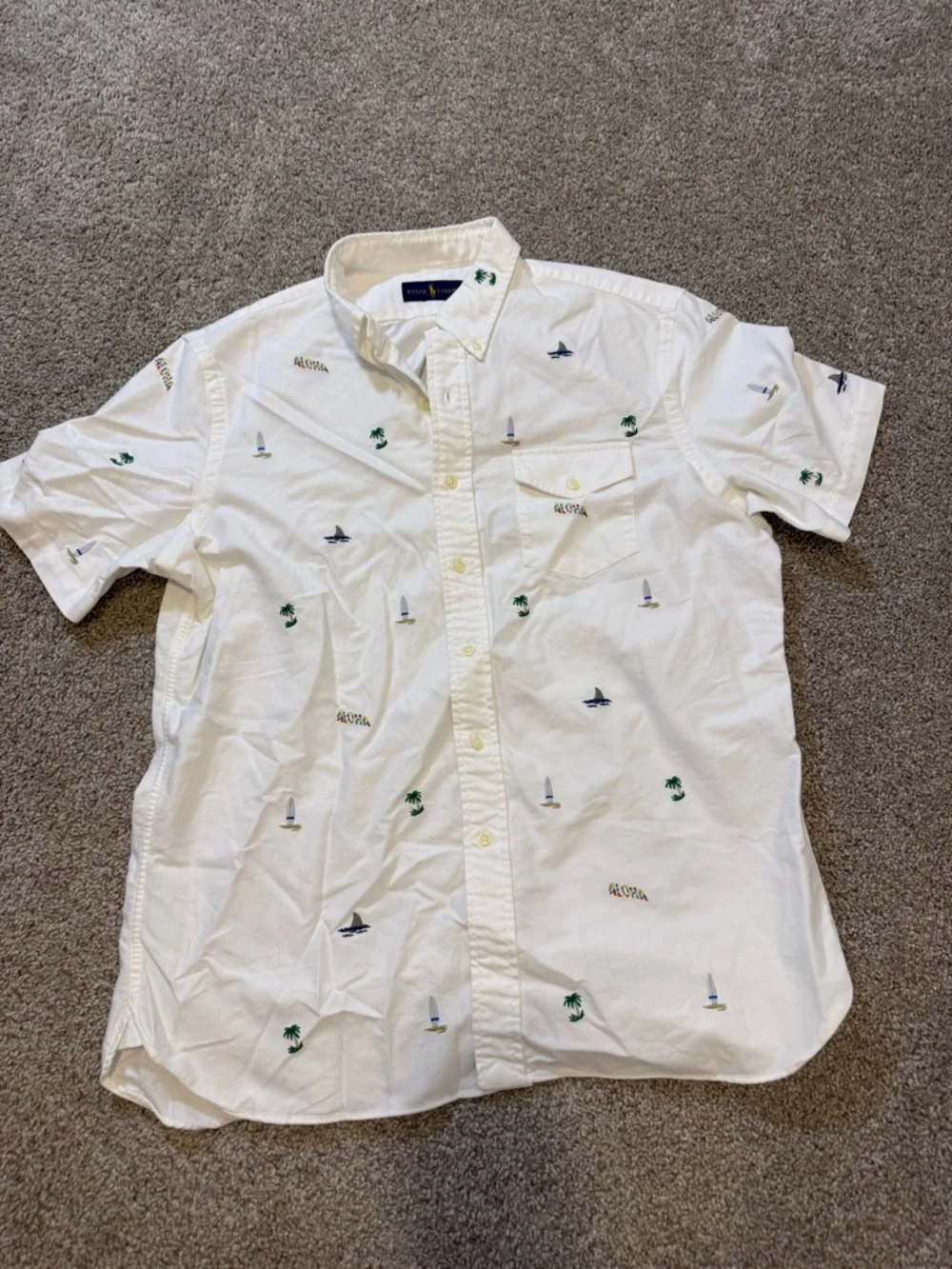 Polo Ralph Lauren Men's White Aloha Embroidered Short Sleeve Button Down Shirt L